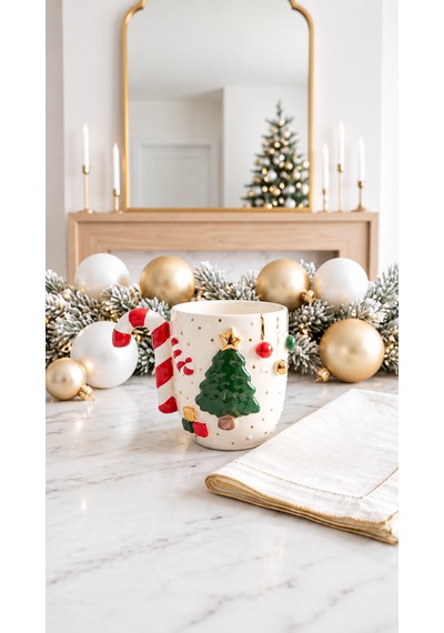 Çam Ağacı Seramik Mug 300 Ml El Yapımı 24k Altın Detaylı Yılbaşı Kupası Yeşil - Altın