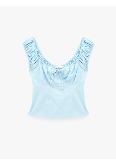 Koton Pamuklu Slim Fit Kısa Balon Kol Bağlamalı Crop Bluz Mavi 6sal60182ıw