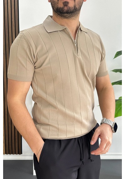 Erkek Slim Fit Fermuarlı Polo Yaka Tişört Vizon Edw452 Vizon