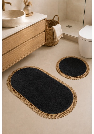 El Yapımı Bohem Banyo Paspası 2'li Peluş Kaymaz Jel Taban Yuvarlak 60x60 Cm Ve Oval 55x100 Cm Siyah Jüt Hasır