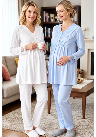 Bone Club 6305 Uzun Kol 3 Lü Sabahlıklı Lohusa Hamile Pijama Takımı Krem