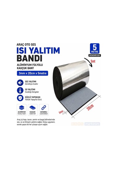 Araç Oto Ses Isı Yalıtım Bandı 3mm X 20cm X 5 Metre Alüminyum Folyolu Kauçuk İzolasyon Bantı
