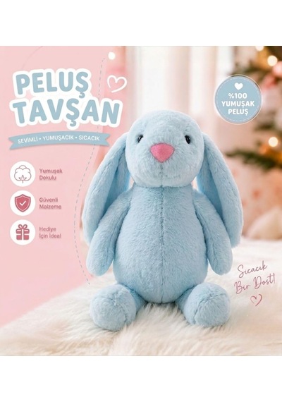 Uyku Arkadaşım Papyonlu Uzun Kulak Bunny Peluş Tavşan 65 Cm Mavi 001 - Beyaz