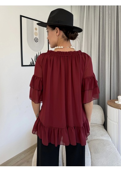 Lodmela Yaka Lastikli Şifon Bluz 6022-Bordo