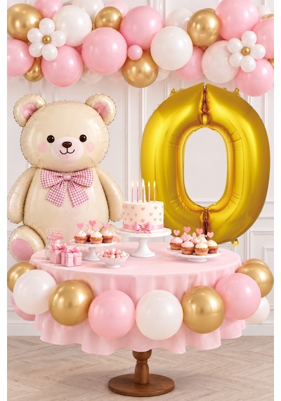 0 Yaş Retro Papyonlu Folyo Krem Ayıcık Pembe Gold Beyaz Balon Gold Rakam Doğum Günü Kutlaması Altın - Krem