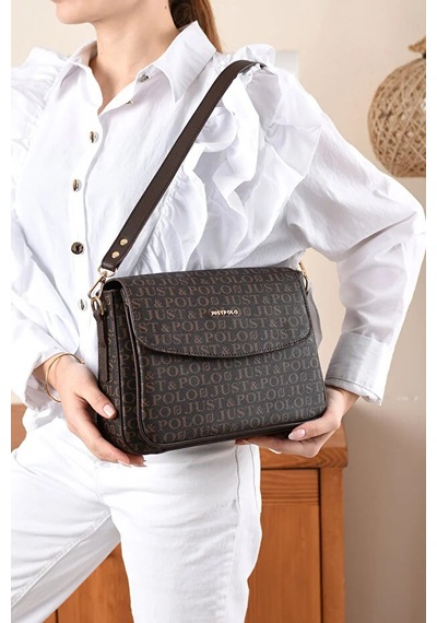 Just Polo Kadın Baskılı Ayarlanabilir Askılı Şık Ve Lüks El & Omuz Çantası Shoulder Bag Kahverengi