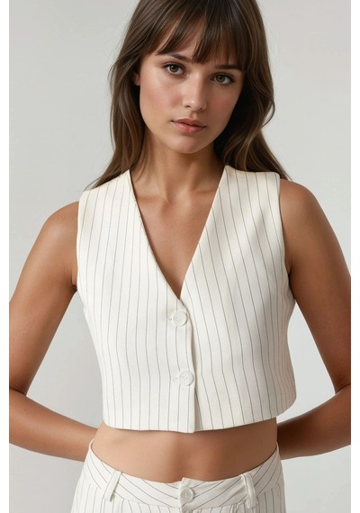 Hiccup Pika Collection Fitted Striped Crop Yelek Beyaz