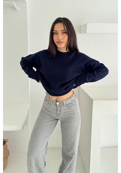 Femelle Kadın Lacivert Standart Beden Oversize Basic Triko Kazak - 357bnd