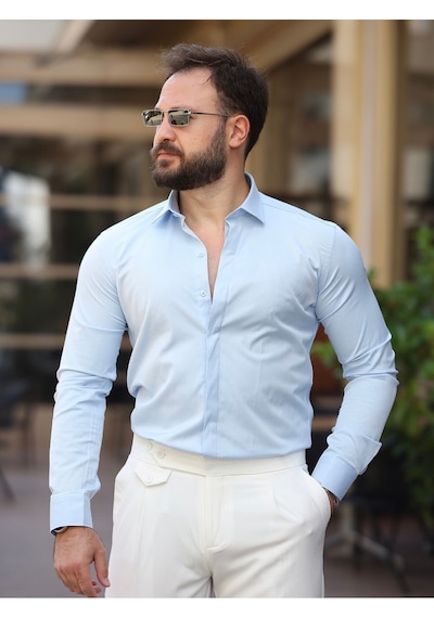 Süper Slim Fit Dar Kalıp Gizli Düğmeli Pamuk Saten Gömlek Açik Mavi