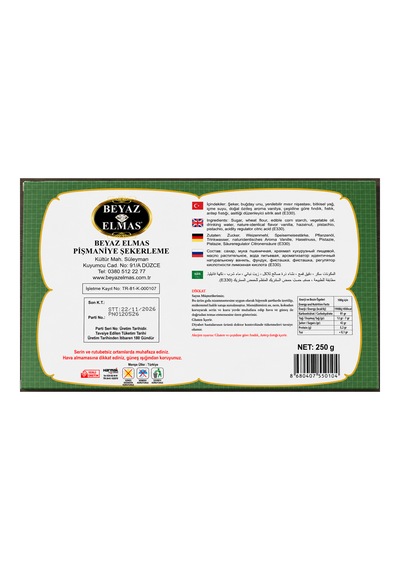 Beyaz Elmas Fıstıklı Saray Helvası 250 Gr - %100 Doğal Pancar Şekerinden Üretilmiştir - Antep Fıstıklı Geleneksel Tel Helva