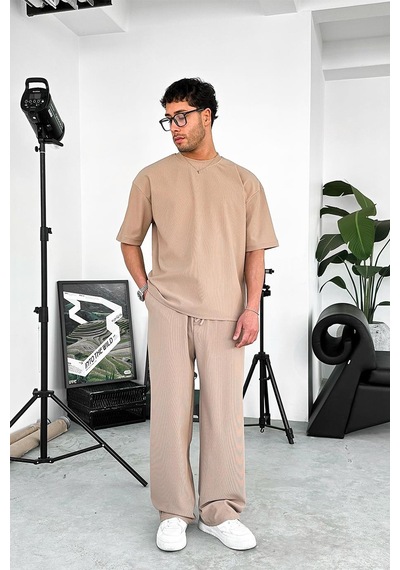 Kahverengi İnce Fitilli Oversize Tişört Kahverengi