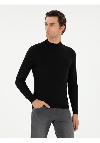 Cacharel Siyah Slim Fit Kaşmir İpek Karışımlı Çeyrek Balıkçı Yaka Triko Kazak