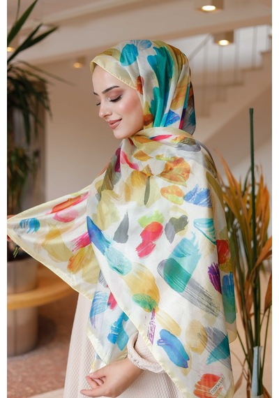 Mimiyum Nayf İpek Şal Pastel Desen Limon Sarısı