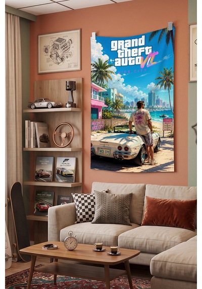 Gta 6 Sahil Araba Temalı Dekoratif Duvar Örtüsü Duvar Halısı Beyaz