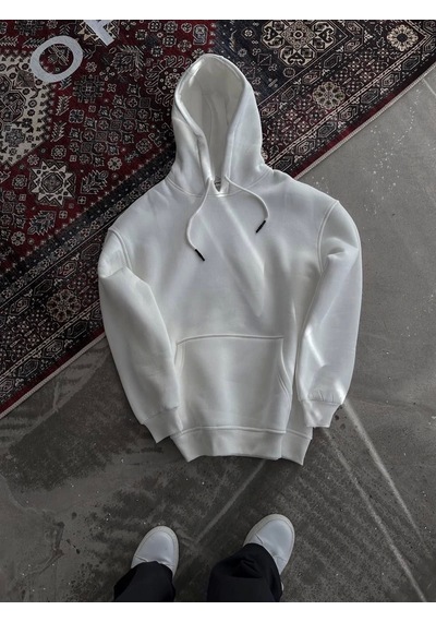 Kapşonlu Üç İplik Penye Basic Sweatshirt - Beyaz Beyaz