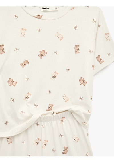 Koton Ayıcık Baskılı Rahat Kesim Bisiklet Yaka Kısa Kollu Pijama Takımı Bej Desenli 7wlk40117mk