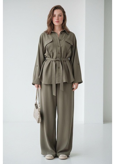 Seeh Haki Uzun Kollu Oversize Kadın Takım Sh338 Standart