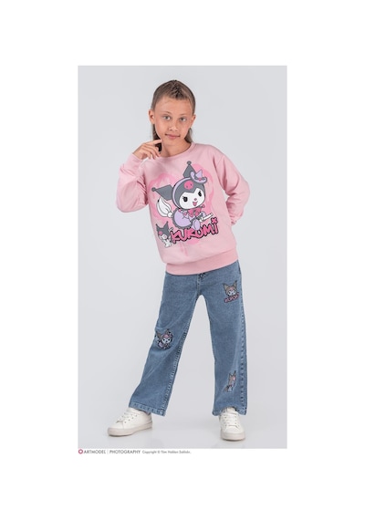 Kız Çocuk Krakter Desenli Sweatshirt - Jean Pantolon 2'li Takım - 2039 Pembe