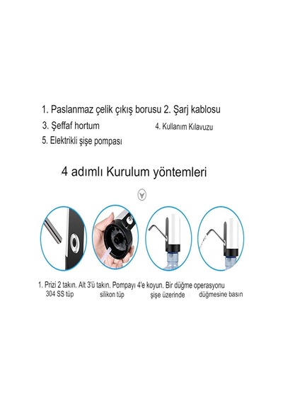 Damacana Su Pompası Ve Şarj Kablosu Otomatik Şarjlı Damacana Su Sebili Standart