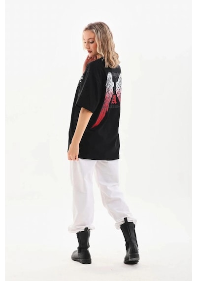 Freedom Storee Kadın Baskılı Tişört Kısa Kol Bisiklet Yaka Oversize T-shirt - Siyah Çok Renkli