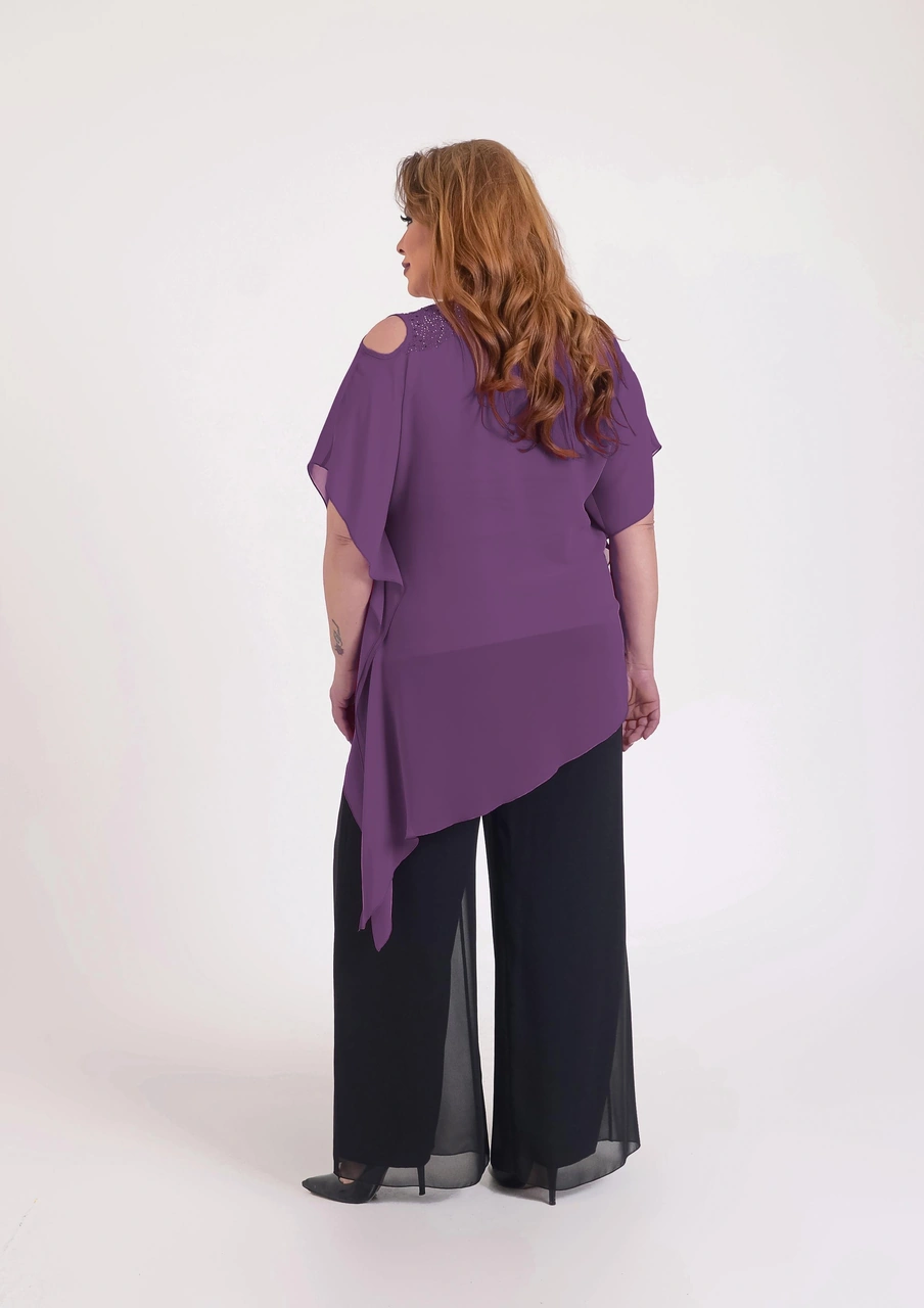 Lilas Xxl Büyük Beden Mor Renkli Asimetrik Kesim Şifon Bluz Mor