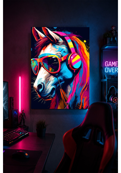 Kulaklıklı At Metal Duvar Tablosu Renkli Gamer Oyun Odası Dekoru 30x40 Cm A3 Boyutunda
