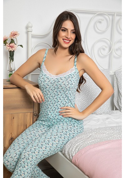 Myben Kadın Çiçek Desenli Dantel Detaylı Şortlu Ve Taytlı Pijama Takımı 3'lü Set 75013 Mint