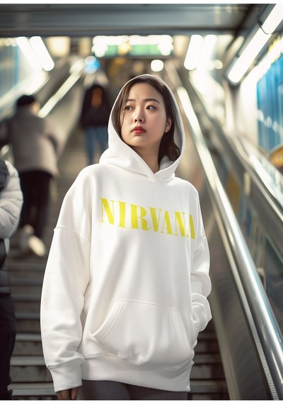 Sevbano Nirvana Yazılı Unisex Oversize Tasarım Hoodie Beyaz