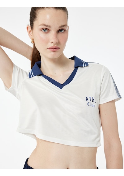 Koton Kısa Kollu V Yaka Biyeli Baskılı Crop Spor Tişört Ekru 5sak10300nk Ekru