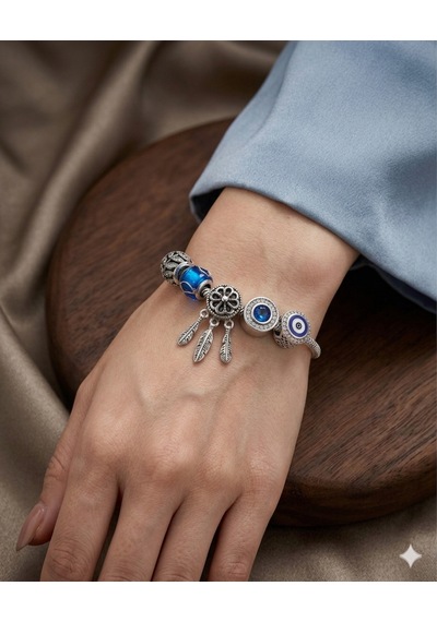 Kadın Taşlı Yaprak, Mavi Top, Rüya Kapanı, Mavi Taşlı , Nazar Boncuğu Charmlı Çelik Kalp Kilit Bileklik 18 Cm Silver Kadın Taşlı Yaprak, Mavi Top, Rüya Kapanı, Mavi Taşlı , Nazar Boncuğu Charmlı Çelik Kalp Kilit Bileklik 18 Cm Silver