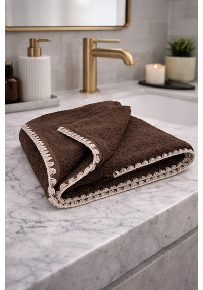 Krem İstiridye Dikişli %100 Pamuk Yumuşak Dokulu Yüksek Su Emici 2'li Banyo Havlu Seti 50x90-70x130 Kahverengi