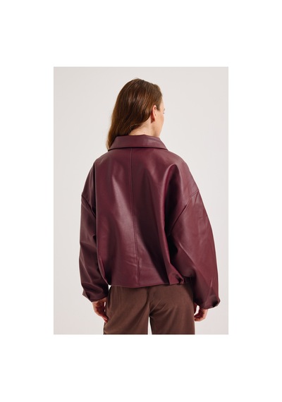 Meecy Yeni Sezon Suni Oversize Bomber Deri Ceket Bordo Bordo