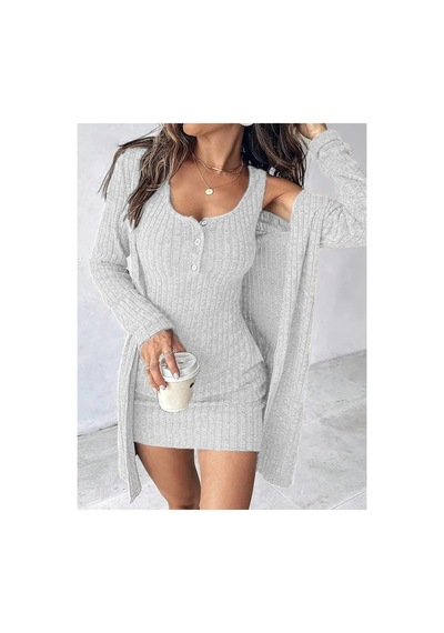 Butik İstanbul Kadın Askılı Yuvarlak Yakalı Önü Düğmeli Şardonlu Kaşkorse Mini Elbise Ve Kısa Ceket Gri