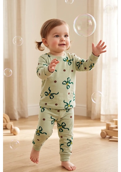 Zuzunga Kız Çocuk Fiyonk Ve Puantiye Desenli Uzun Kollu Pijama Takımı Yeşil