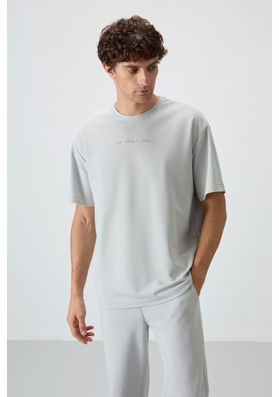 Air Jones Tommy Life Taş Pamuklu Kalın Yüzeyi Dokulu Oversize Fit Baskılı Erkek T-shirt - 88364 Taş