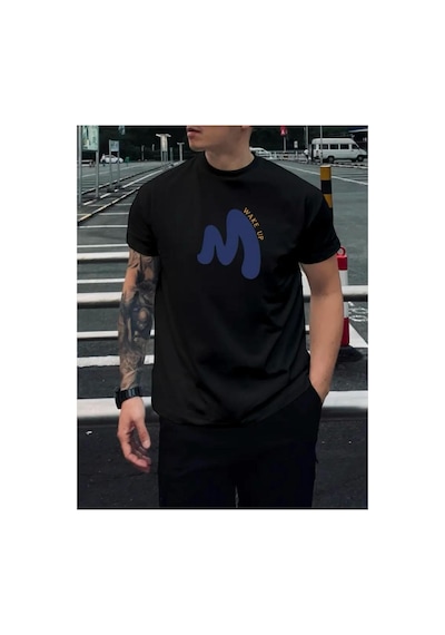 Medinenur Wake Up Yazı Detaylı Basic T-shirt Siyah