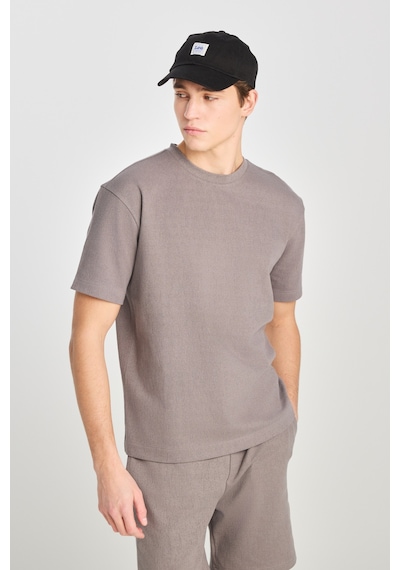 Relaxed Fit Geniş Kesim Bisiklet Yaka Gri Pamuklu Tişört Gray