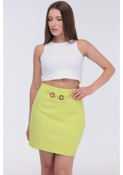 Selectmoda Kadın Zincir Toka Detaylı Modern Şık Mini Etek Yeşil