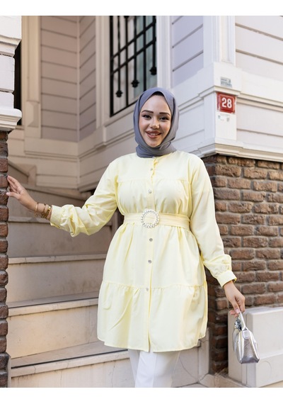 Hb Harma Time Butik Kadın Düğmeli Kemer Detaylı Sarı Gömlek bej