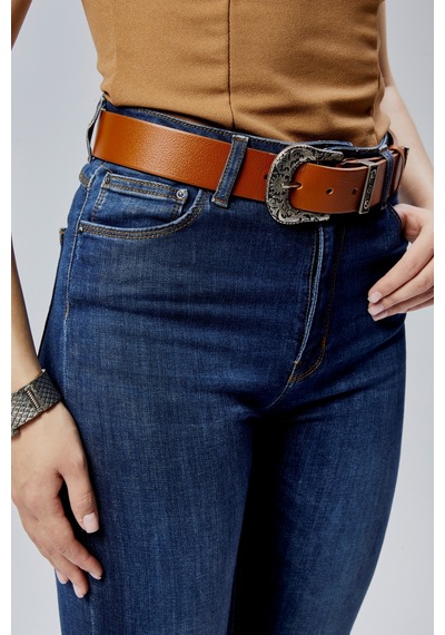 %100 Hakiki Şık Kadın Kemeri Antik Gümüş Desenli 4cm Taba