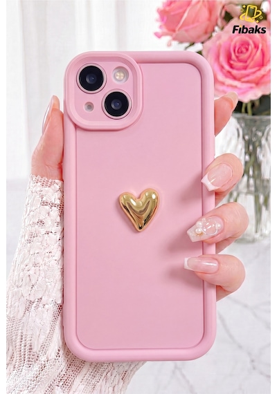 Fibaks iPhone 13/14 Uyumlu Kılıf 3d Kalp Tasarımlı Pembe Desenli Yumuşak Kamera Korumalı Silikon Kapak