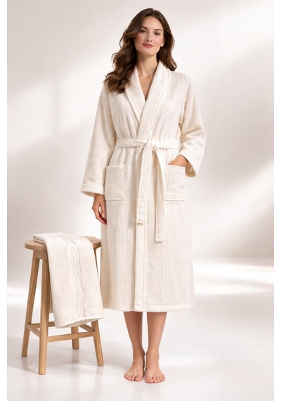 Çizgili Kadın Bornoz Seti %100 Pamuk Sertifikalı 2 Parça, Şalyaka Bornoz + Baş Havlusu - Krem