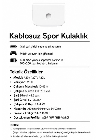 Atlt Atlantis Y20 Şarjlı Mıknatıslı 6.0 Bluetoothlu Spor Kablosuz Kulaklık