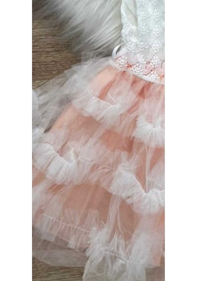 Kız Çocuk Güpür Tül Detaylı Pembe Mor Kat Kat Prenses Elbise Pembe
