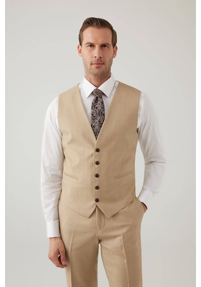 Erkek Bej Slim Fit Yelekli İtalyan Kumaş Sivri Yaka Takım Elbise
