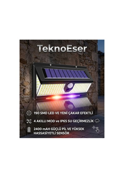 190 Smd Led Solar Bahçe Lambası - 4 Modlu Çakar Efektli Hareket Sensörlü Dış Mekan Aydınlatma