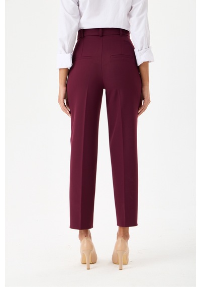 Velnara Moda Mürdüm Dar Paça Cepli Yüksek Bel Dokuma Kumaş Kadın Pantolon Bordo Mürdüm - 918311251 Bordo Mürdüm