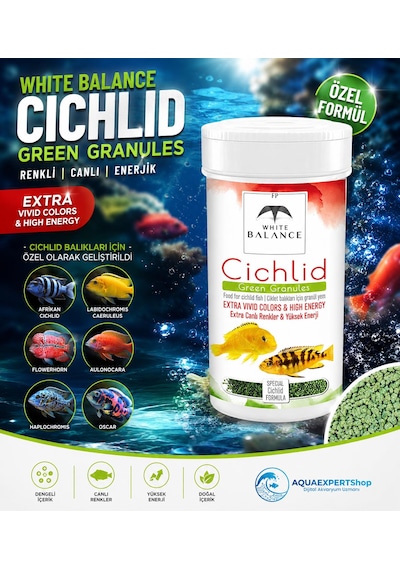 White Balance Cichlid Green Granules - Cichlid Balıkları İçin Özel Formül - Besleyici Ve Renk Canlandırıcı İçerik - 100 Ml