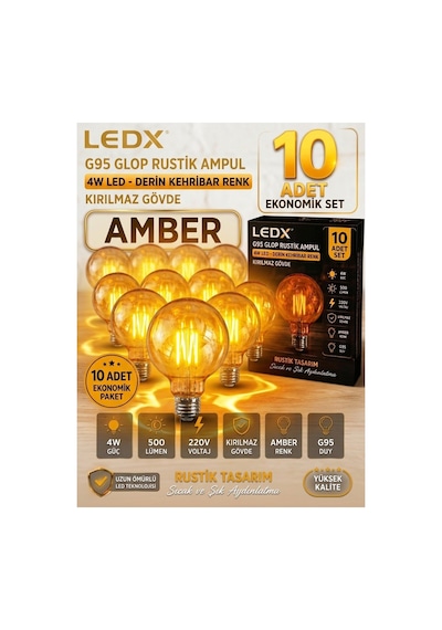 10 Adet G95 Rustik Led Ampul 4,5w Amber E27 ,balon Kırılmaz Gövde,500 Lümen,dekoratif Vintage Edison Glop Ampul 220v, Enerji Tasarruflu Uzun Ömürlü Led Lamba Seti