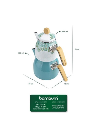 Bambum Unique - Bambu Kulplu Emaye Çaydanlık Takımı Turkuaz